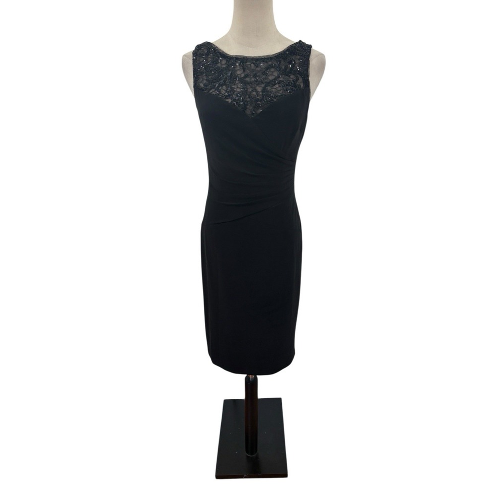 Lauren Ralph Lauren Black Ruched‎ Bodycon Dress Lace Cocktail Sz 4 Ruched Event